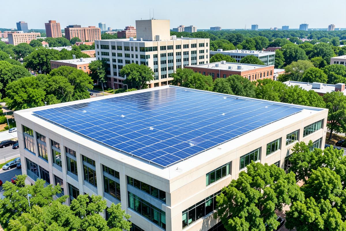 Solar panels across a commercial building roof